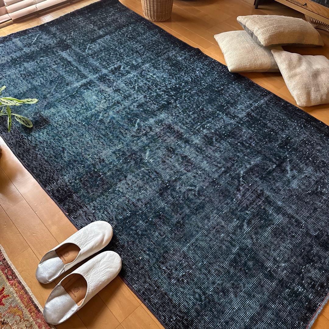 貴重110×198 デニムブルー藍色オーバーダイ　トルコヴィンテージラグ