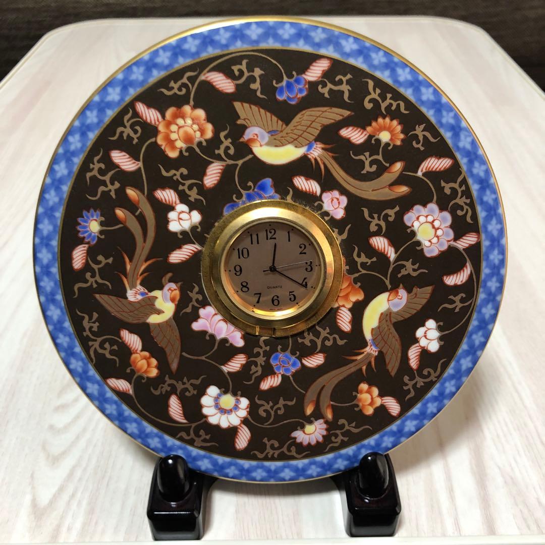 香蘭社　渕地黒絵花鳥紋　時計