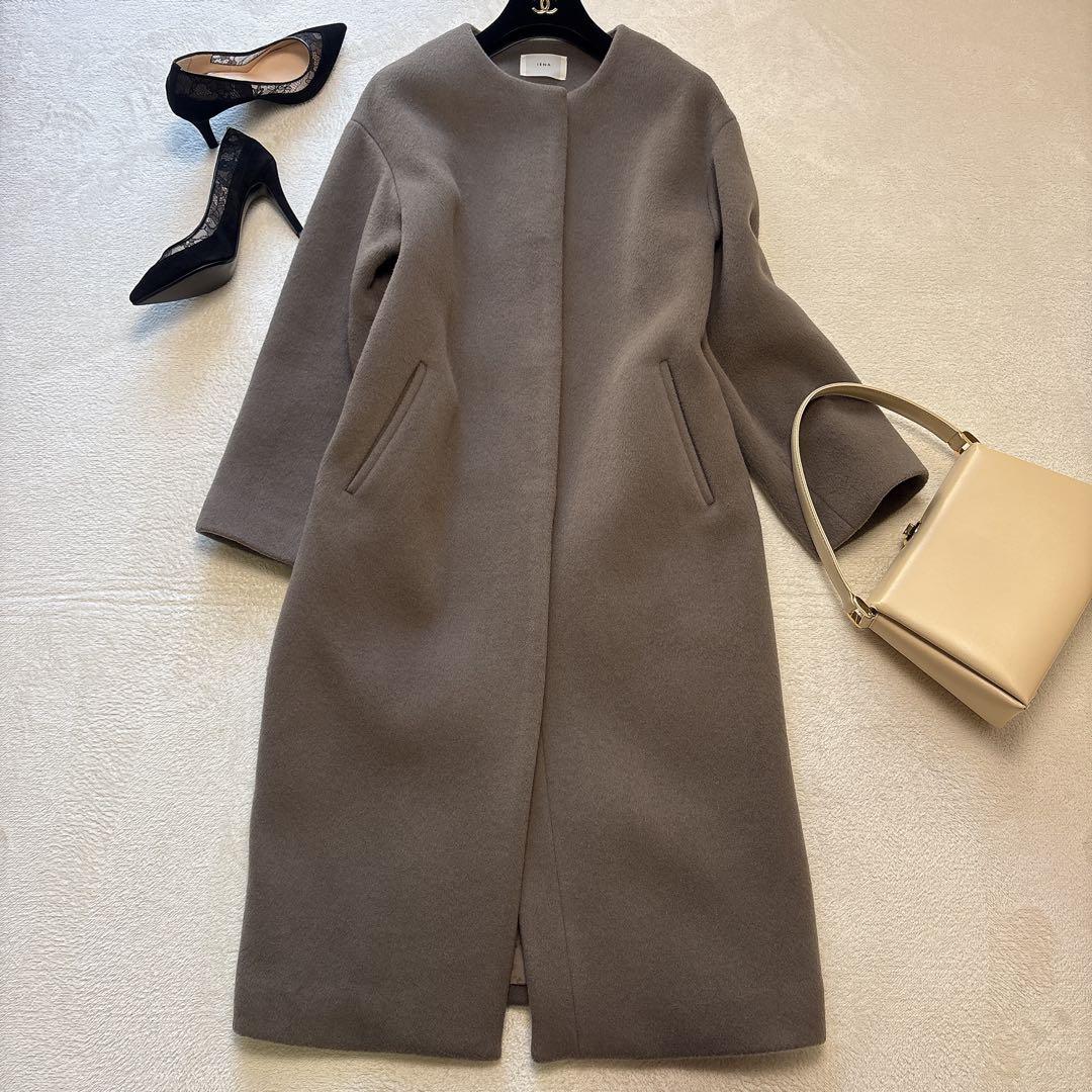 【ラムウール100%✨️美品】イエナ ノーカラー ロングコート グレージュ 38