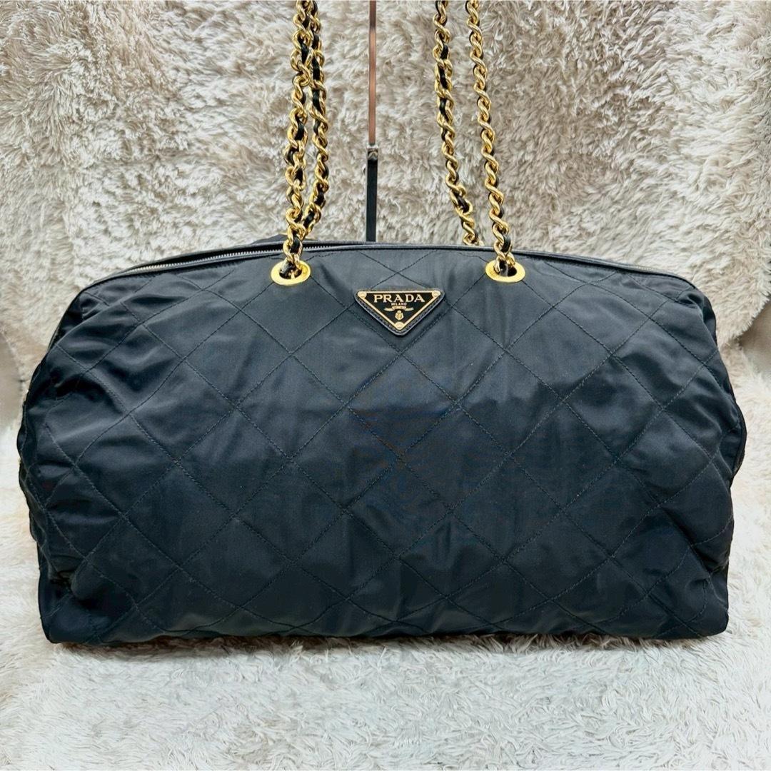 【美品】プラダ ボストンバッグ ブラック ナイロン キルティング 三角ロゴ