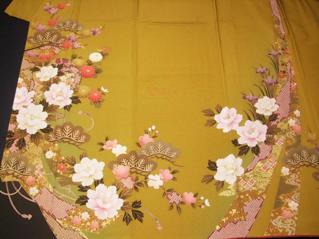古典柄に牡丹の染め 芥子色 振袖フルセット 成人式 m14