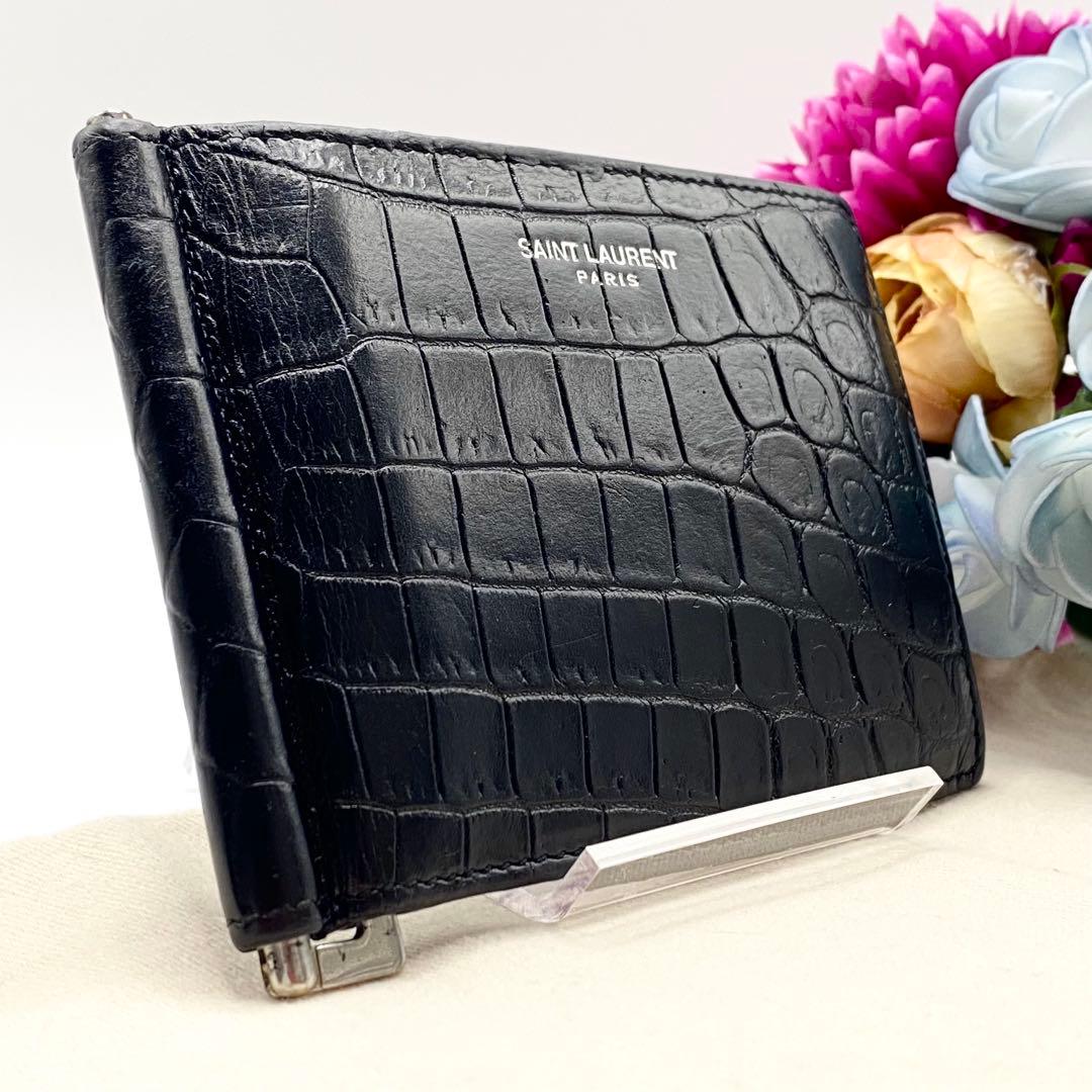 ✨希少✨SAINT LAURENT マネークリップ　クロコ　レザー　ブラック