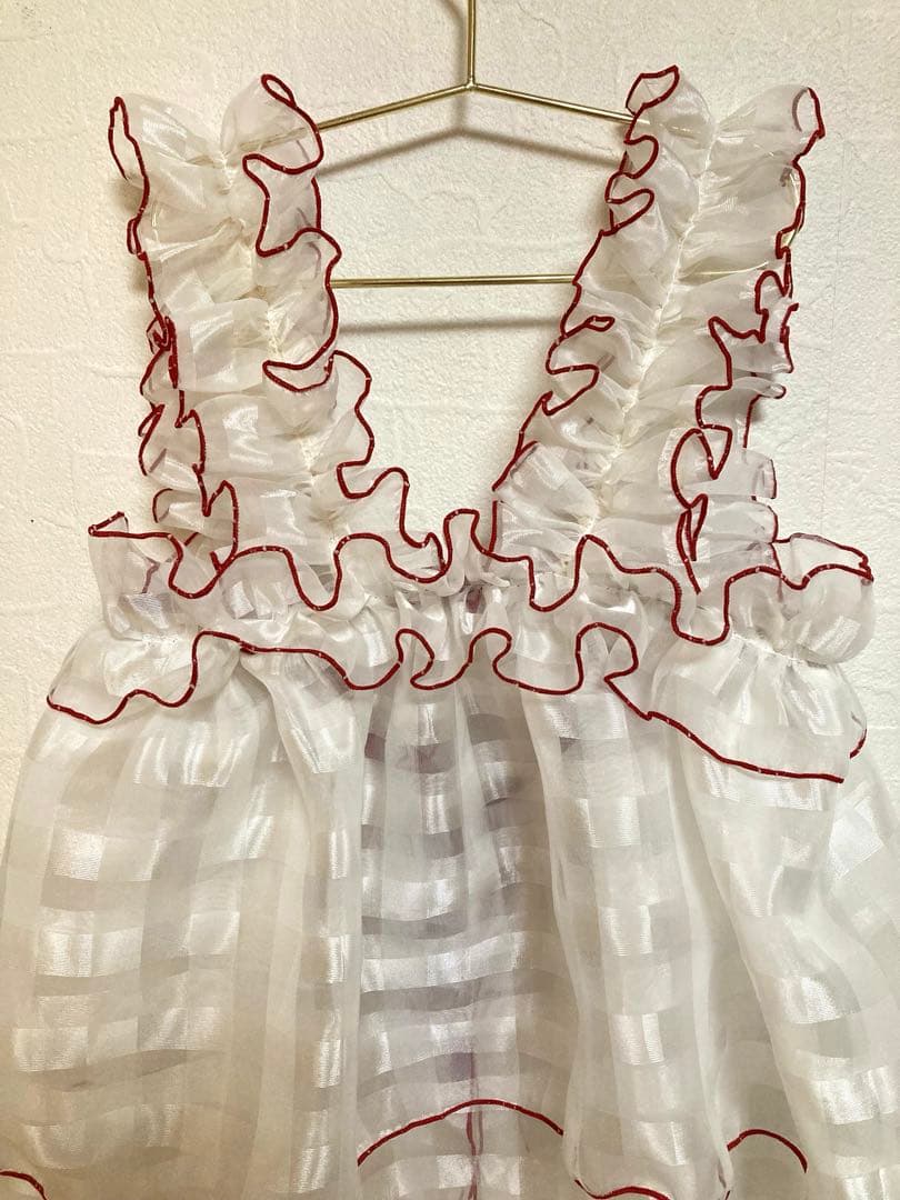 チュール　被布　エプロン　七五三　紅白　女の子　レトロ　着物　フリル　赤　白