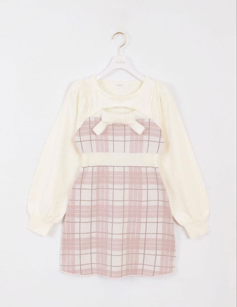 evelyn バストリボンチェックニットOP ピンク