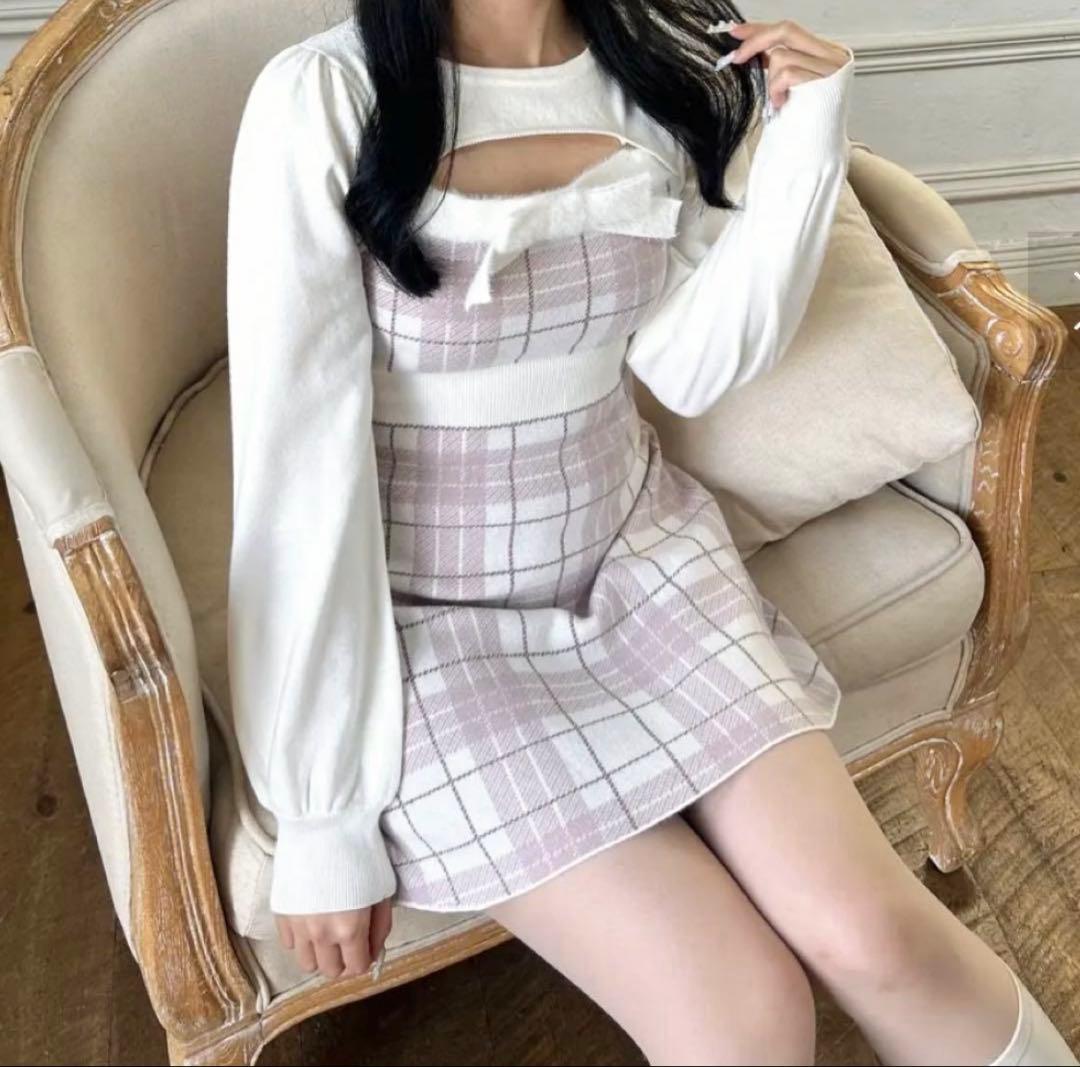 evelyn バストリボンチェックニットOP ピンク