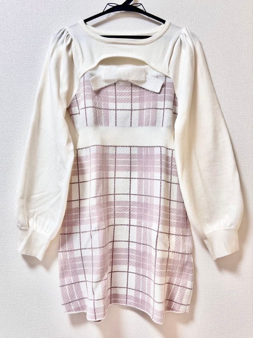 evelyn バストリボンチェックニットOP ピンク