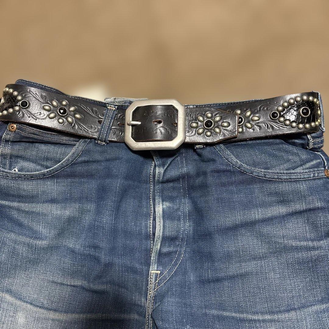 34inch カービング　ピーナッツ　HTC レザースタッズベルト　ブラック