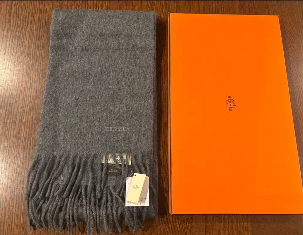 【新品・未使用】HERMES 100%カシミヤ マフラー グレー 箱付き