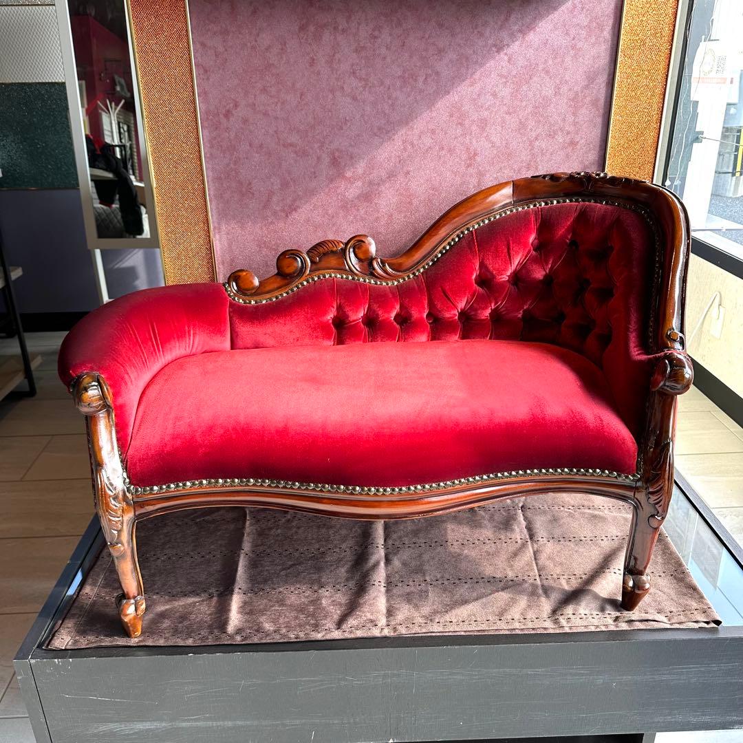 マホガニー材ベルベット調ダークレッドのベンチソファ ロココ調
