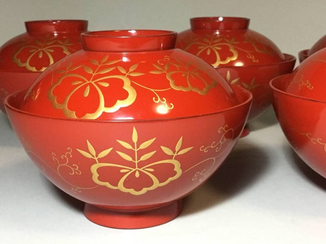 漆塗■ 吸い物椀 / ５客セット / 桐紋■伝統工芸 汁椀 木彫 和食器 漆器ー