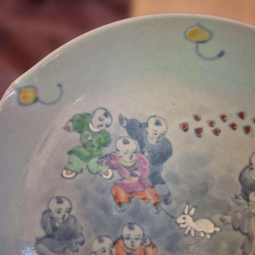 有田焼　佐藤走波　染錦唐子遊図三つなぶり