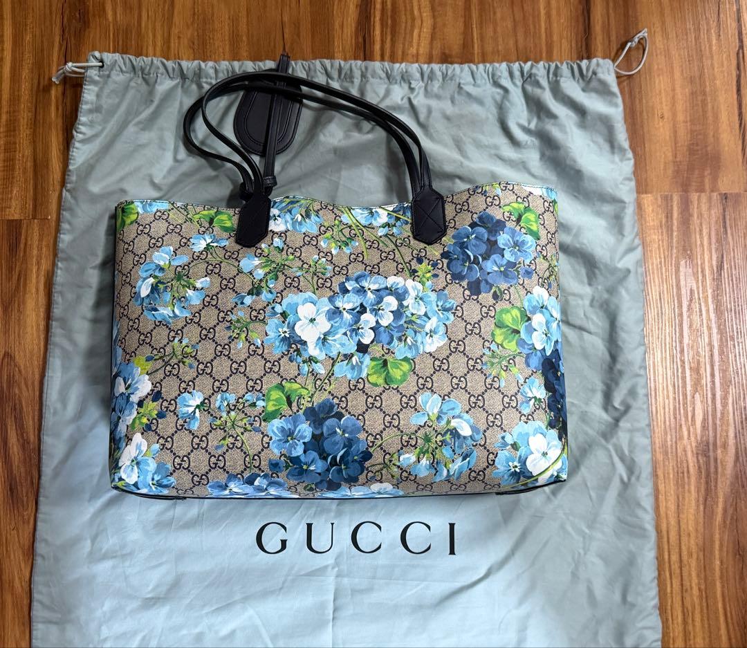 GUCCI GGブルームス　 花柄トートバッグ　ブルー　 リバーシブ