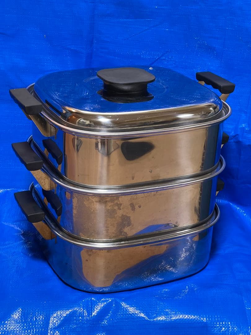 神子島製作所 桃印18-0 角型蒸器 29cm 3段 AMS69293