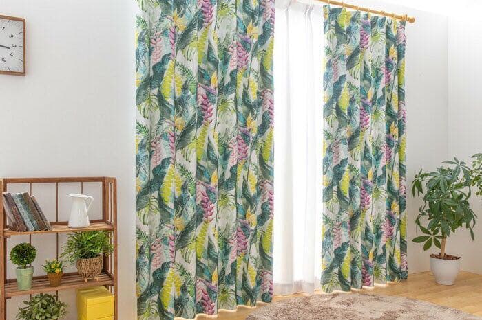 【新品】カーテン ドレープ おしゃれ ハワイアン ボタニカル風 遮光2級 日本製