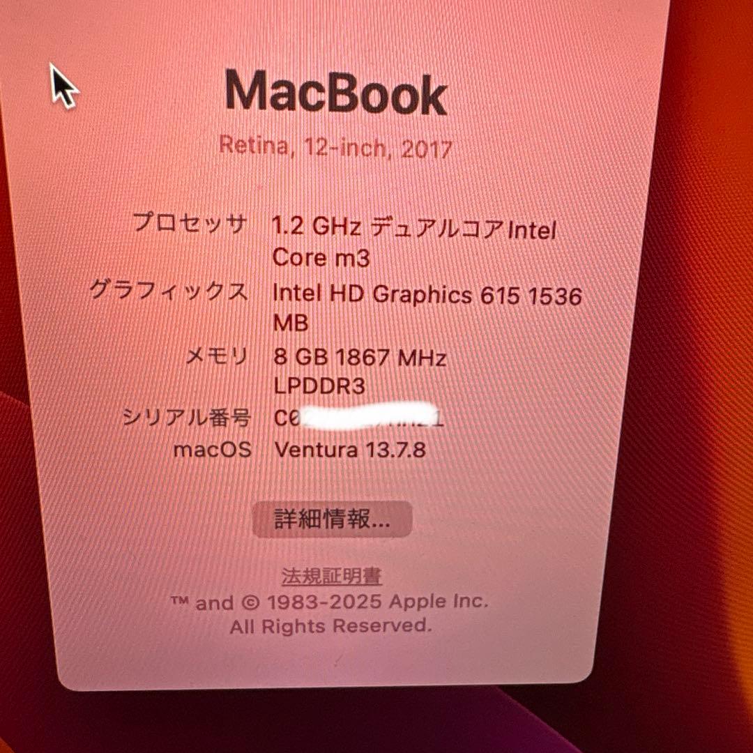 【美品】MacBook 12インチ 2017 8GB/256GB 充放電60回