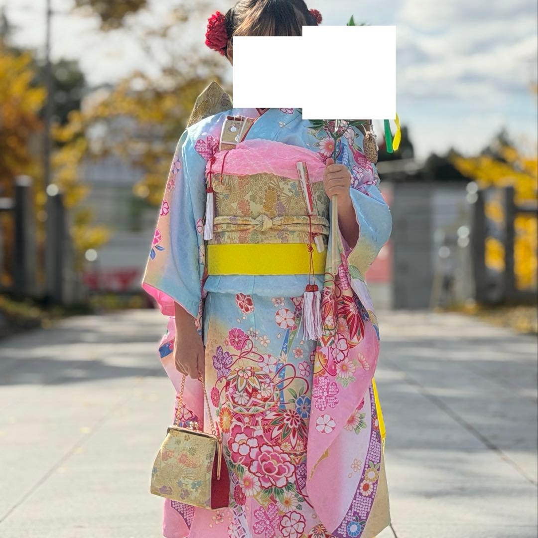 七五三着物セット7歳 絵羽柄水色ピンク三色ぼかし染め着物