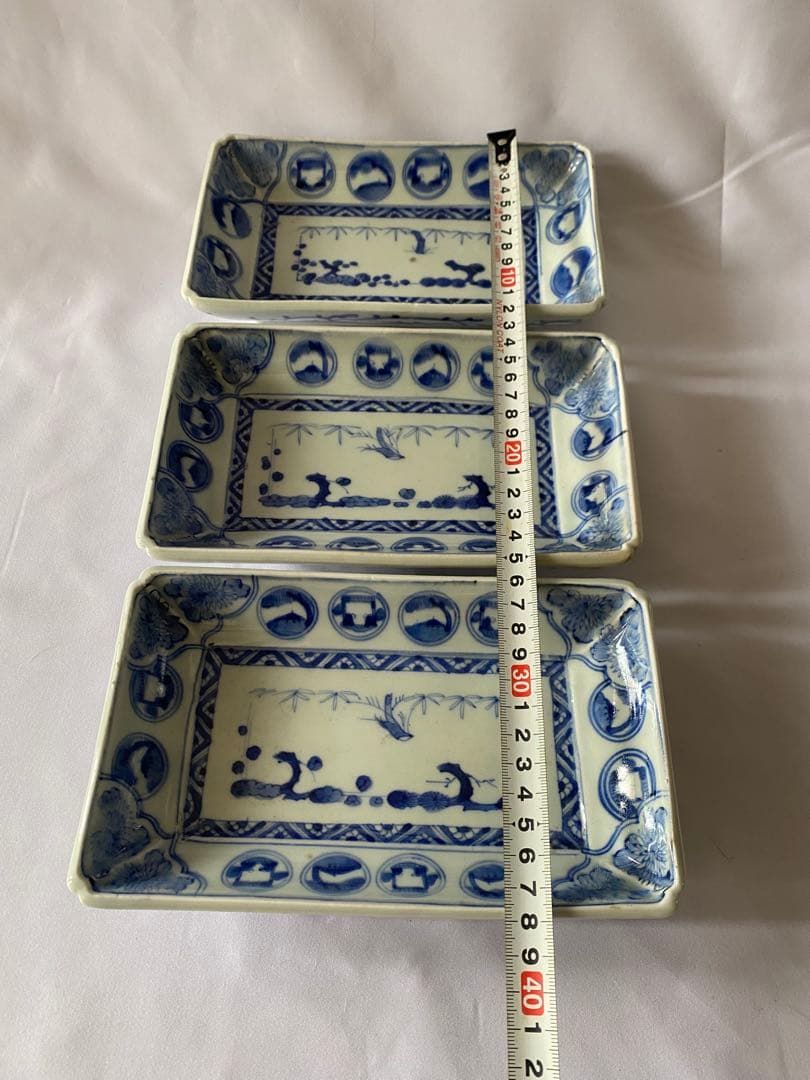 骨董　長角皿　隅入　さしみ皿　丸紋　3客