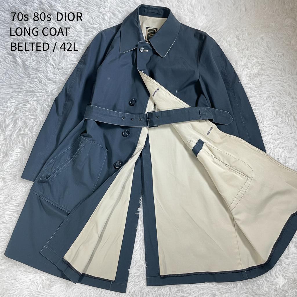 70s 80s Dior ステンカラーコート ベルト付 42 紺 白 ロング