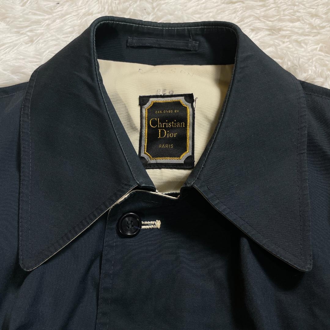 70s 80s Dior ステンカラーコート ベルト付 42 紺 白 ロング