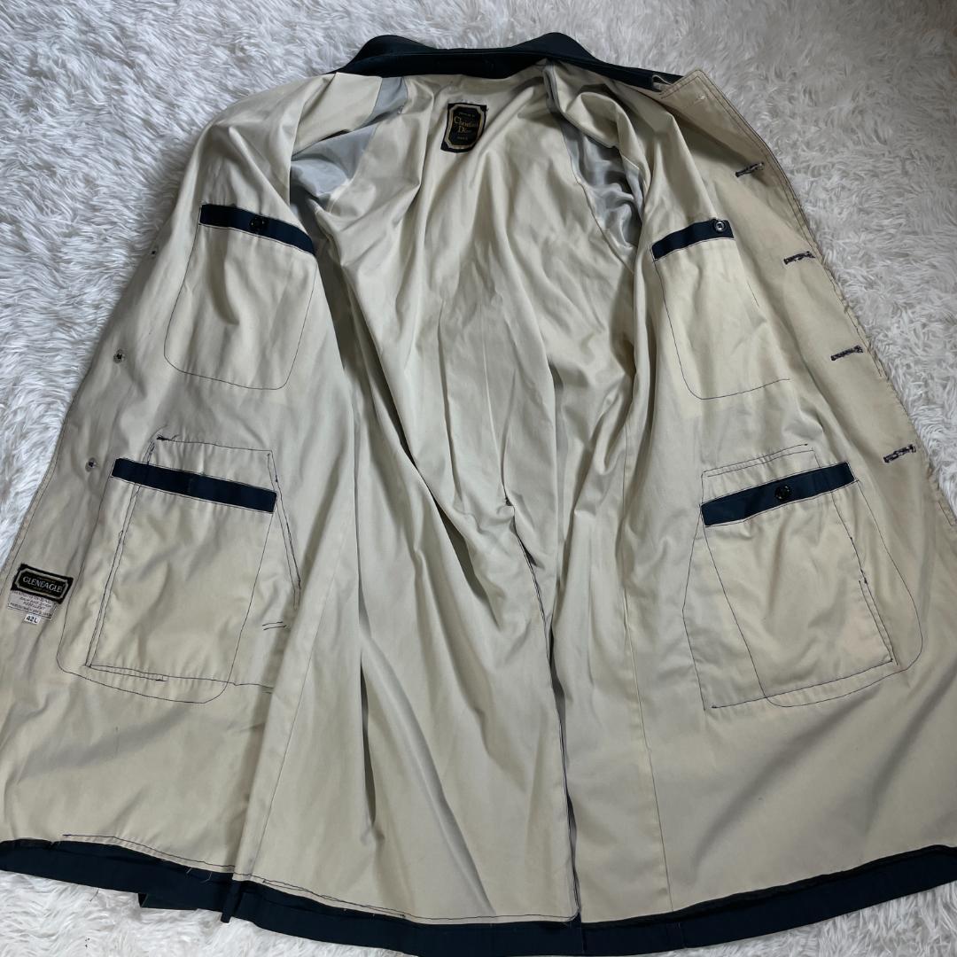 70s 80s Dior ステンカラーコート ベルト付 42 紺 白 ロング