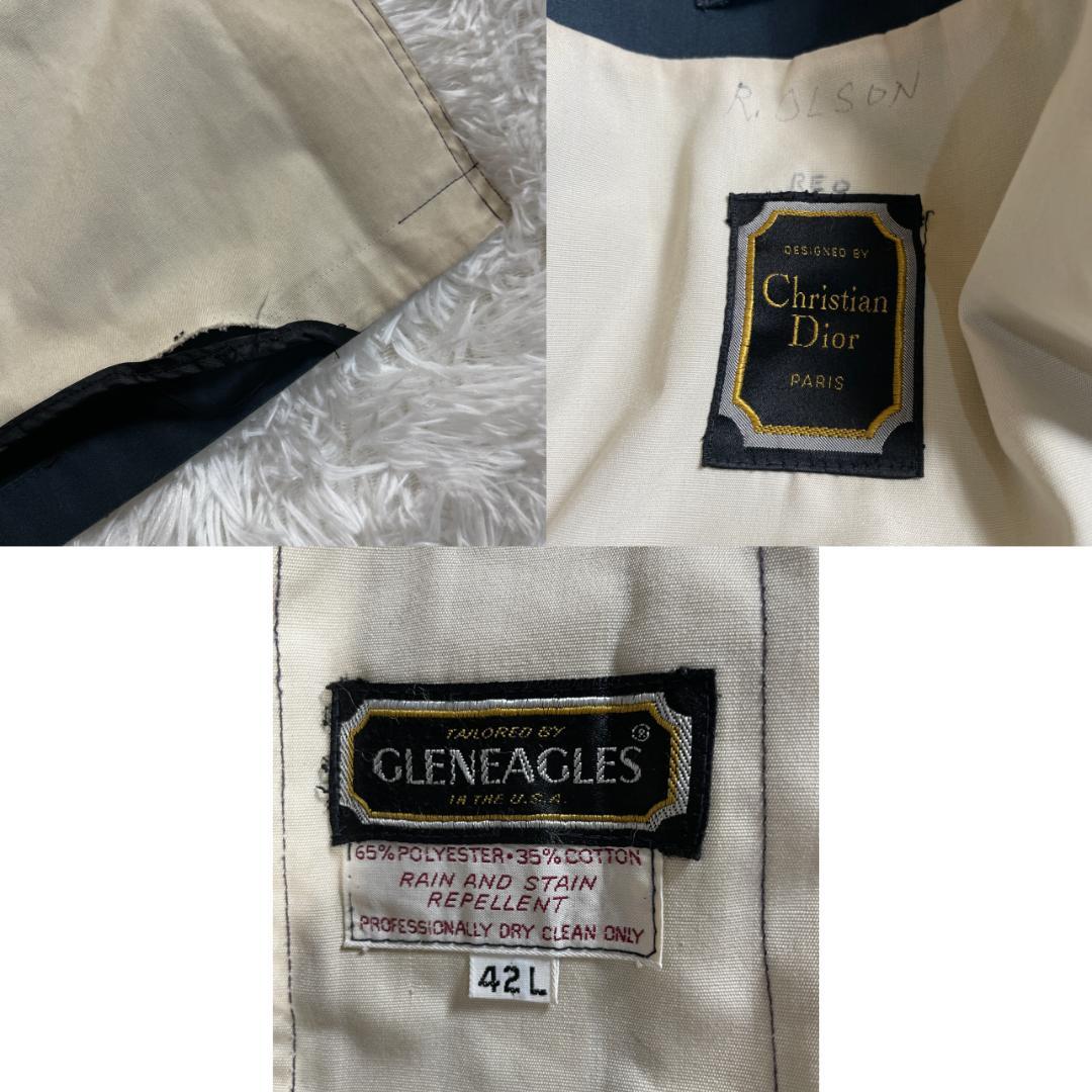 70s 80s Dior ステンカラーコート ベルト付 42 紺 白 ロング