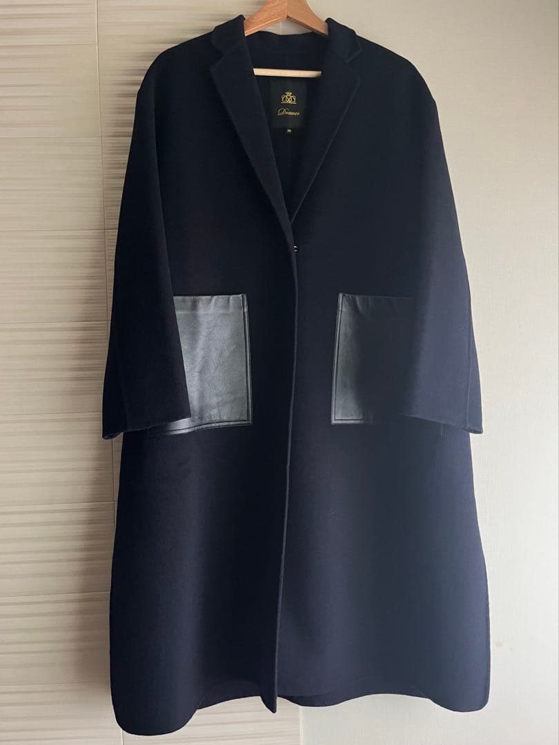 Drawer ドゥロワー チェスターコート レザーポケット ネイビー 紺 38