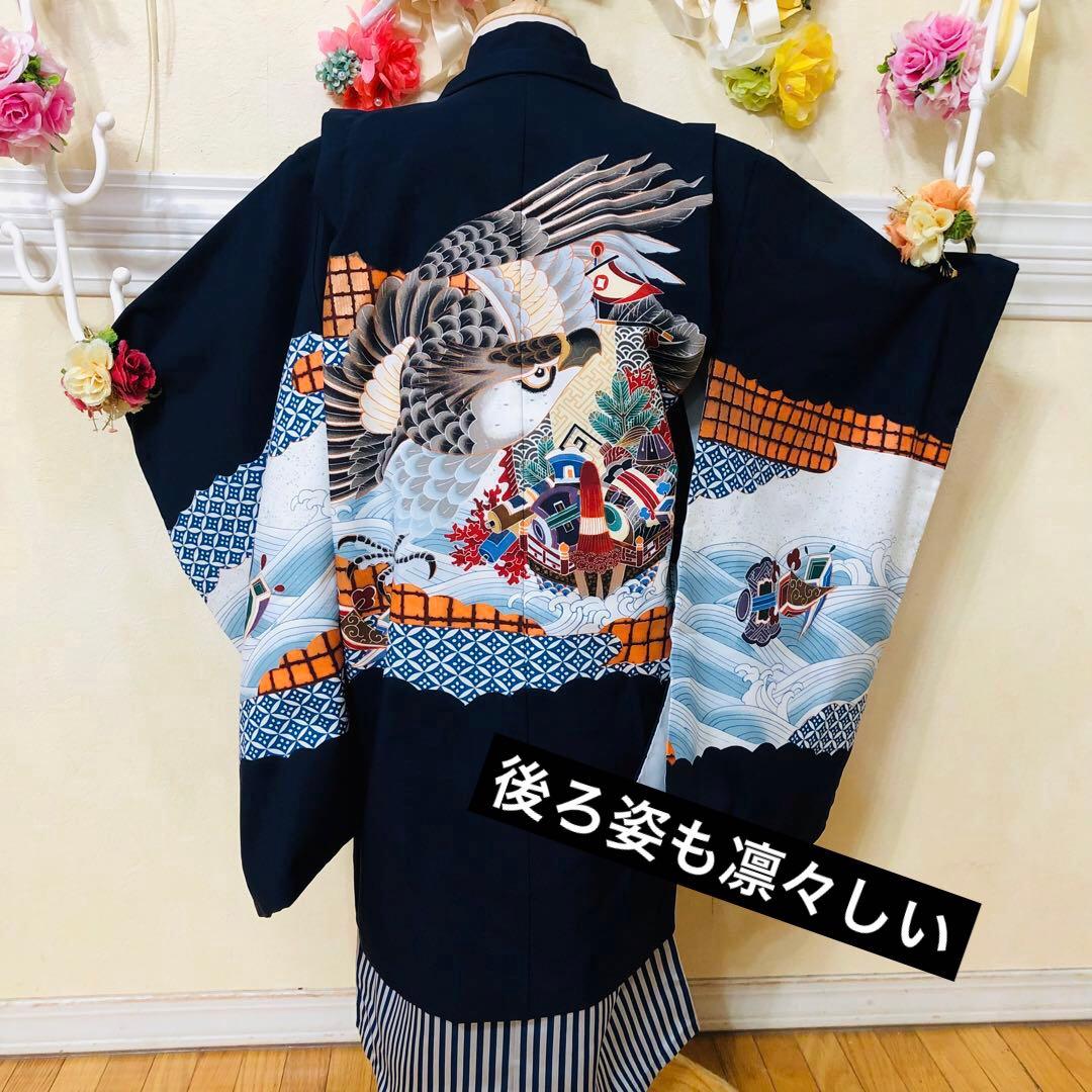 七五三五歳フルセット‼️黒地暈し⭐︎鷹凛々しい⭐︎袴縞スタイルアップ⭐︎全てついてる安心