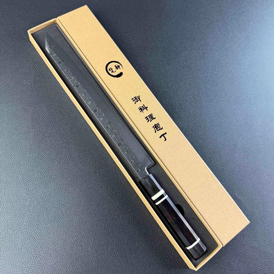 9572新品ダマスカス 切付包丁 尺一 海流紋105層 黒檀黒水牛白三本巻八角柄