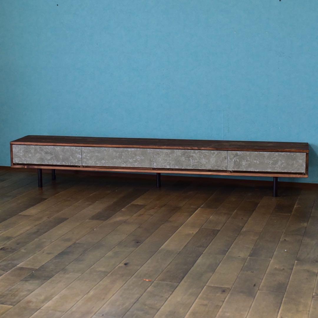 無垢材】テレビボード220㎝ダークブラウン色モルタル風　鉄脚