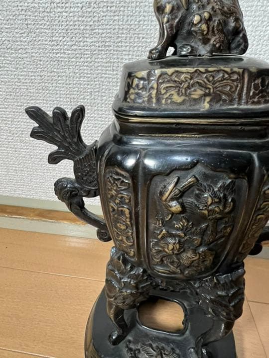 476 銅製　高足獅子香炉　時代物