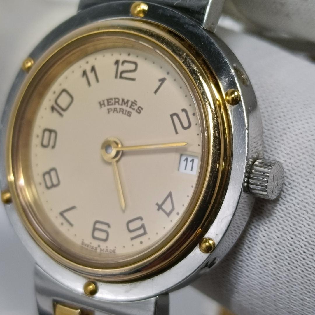 新品電池交換済 エルメス クリッパー 24mm アイボリーダイヤル レディース