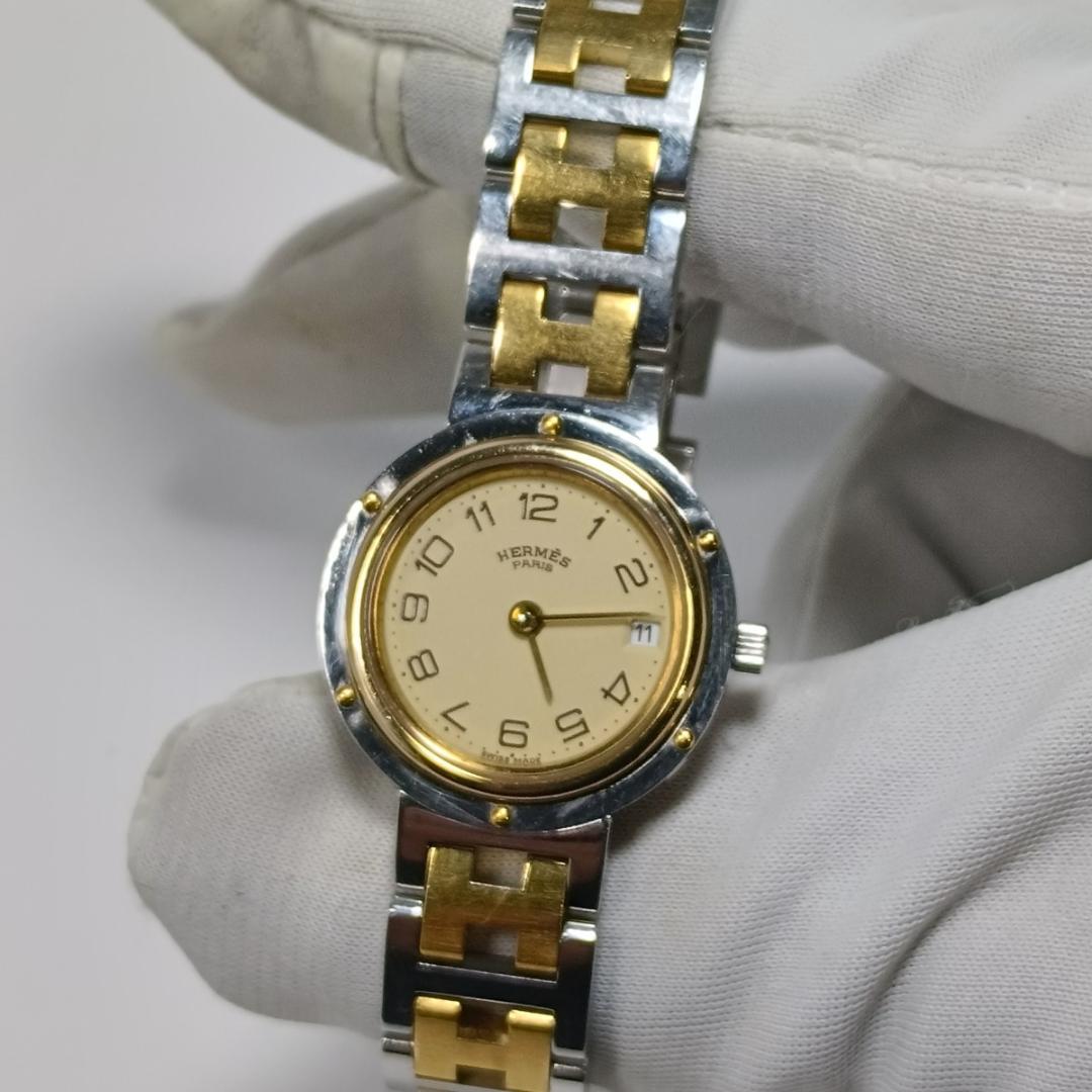 新品電池交換済 エルメス クリッパー 24mm アイボリーダイヤル レディース