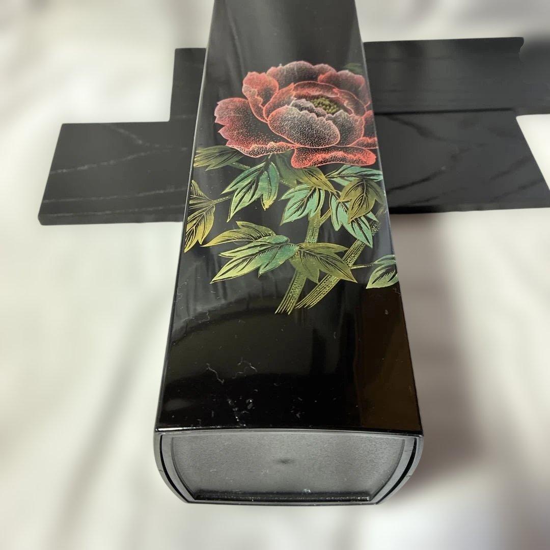 会津漆器 花器セット 黒 芍薬　花瓶 花生 角型 会津塗り 木繊 台付　漆器