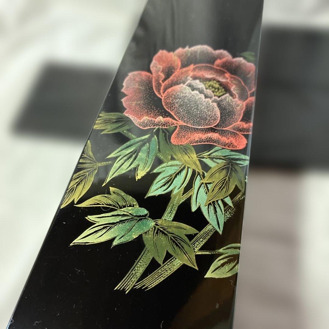 会津漆器 花器セット 黒 芍薬　花瓶 花生 角型 会津塗り 木繊 台付　漆器