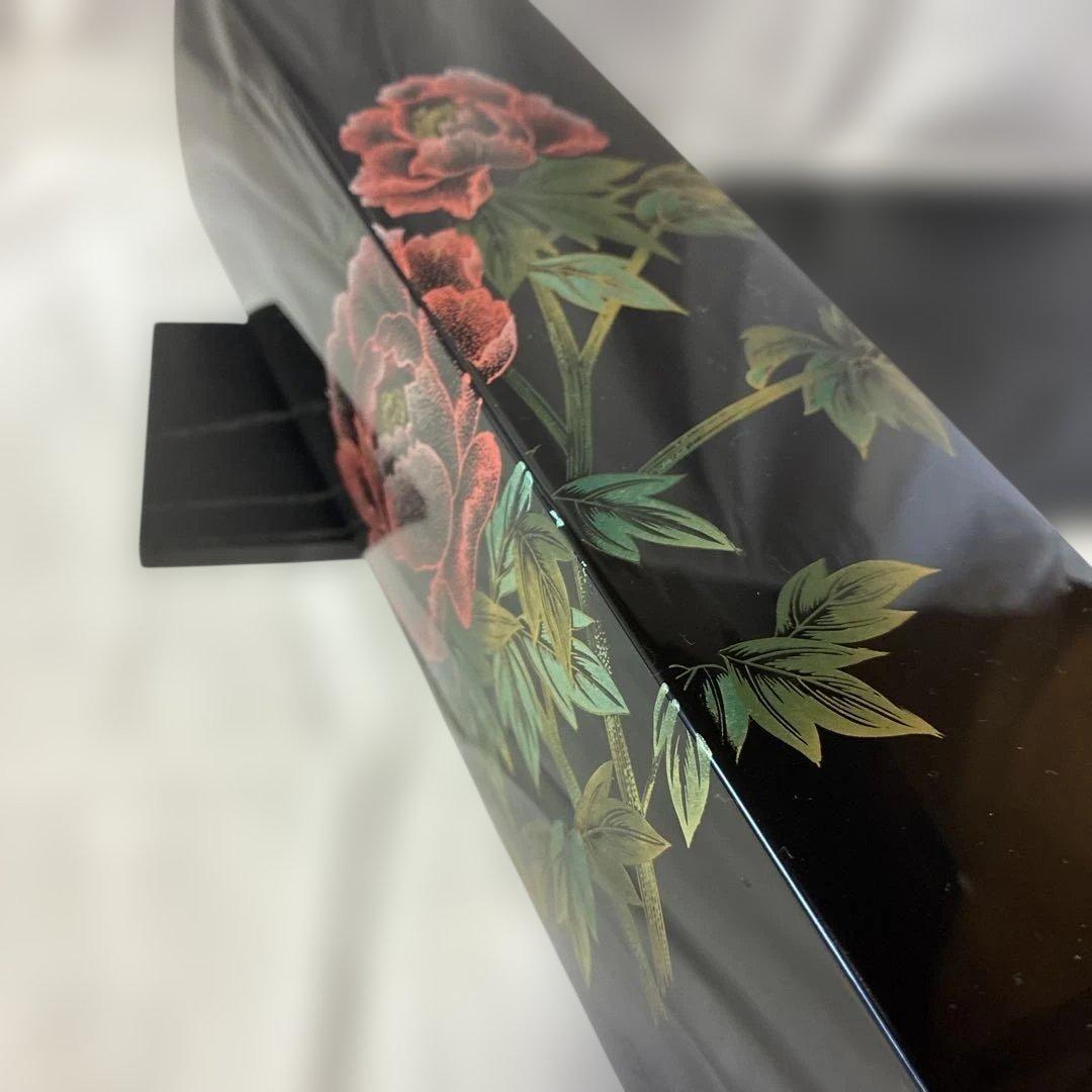 会津漆器 花器セット 黒 芍薬　花瓶 花生 角型 会津塗り 木繊 台付　漆器