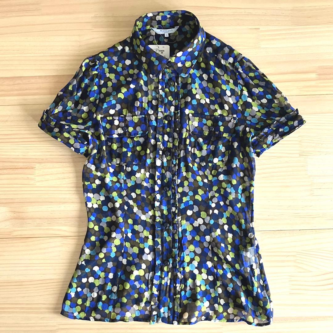 新品 MARELLA マレーラ コットンシルクブラウス 半袖 マルチドット 44