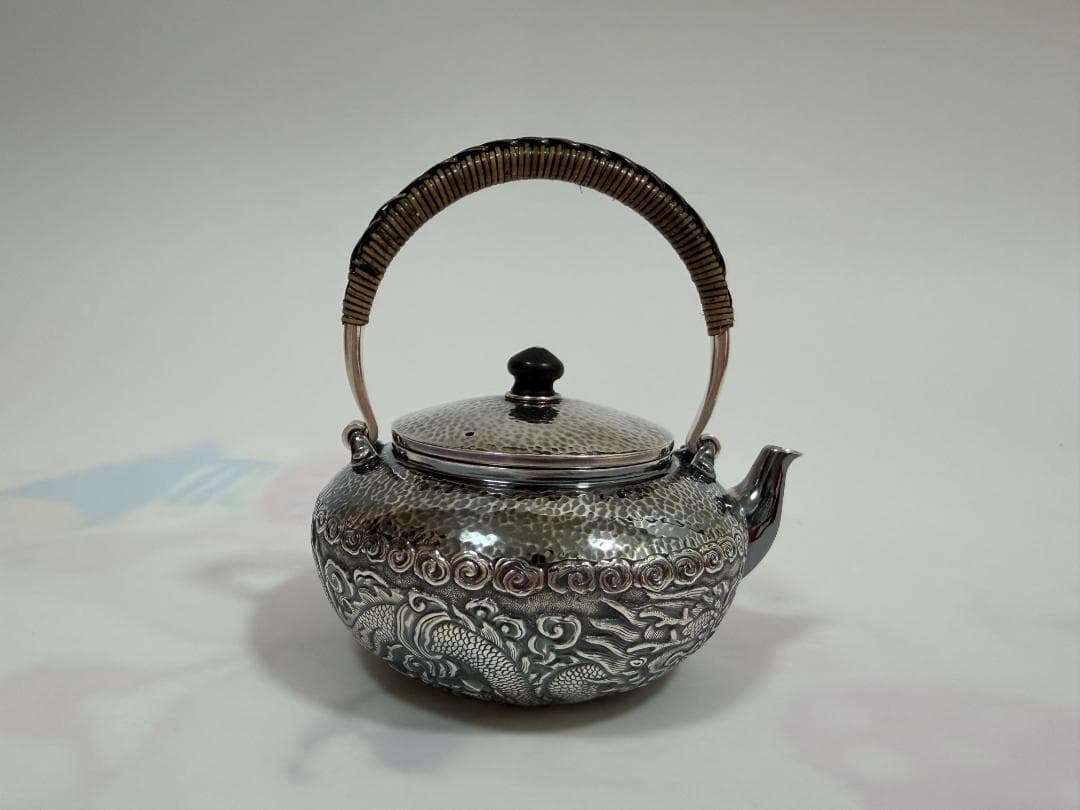 純銀製 龍鳳文 鎚目紋 湯沸 銀瓶 煎茶道具