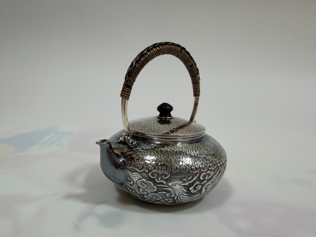 純銀製 龍鳳文 鎚目紋 湯沸 銀瓶 煎茶道具