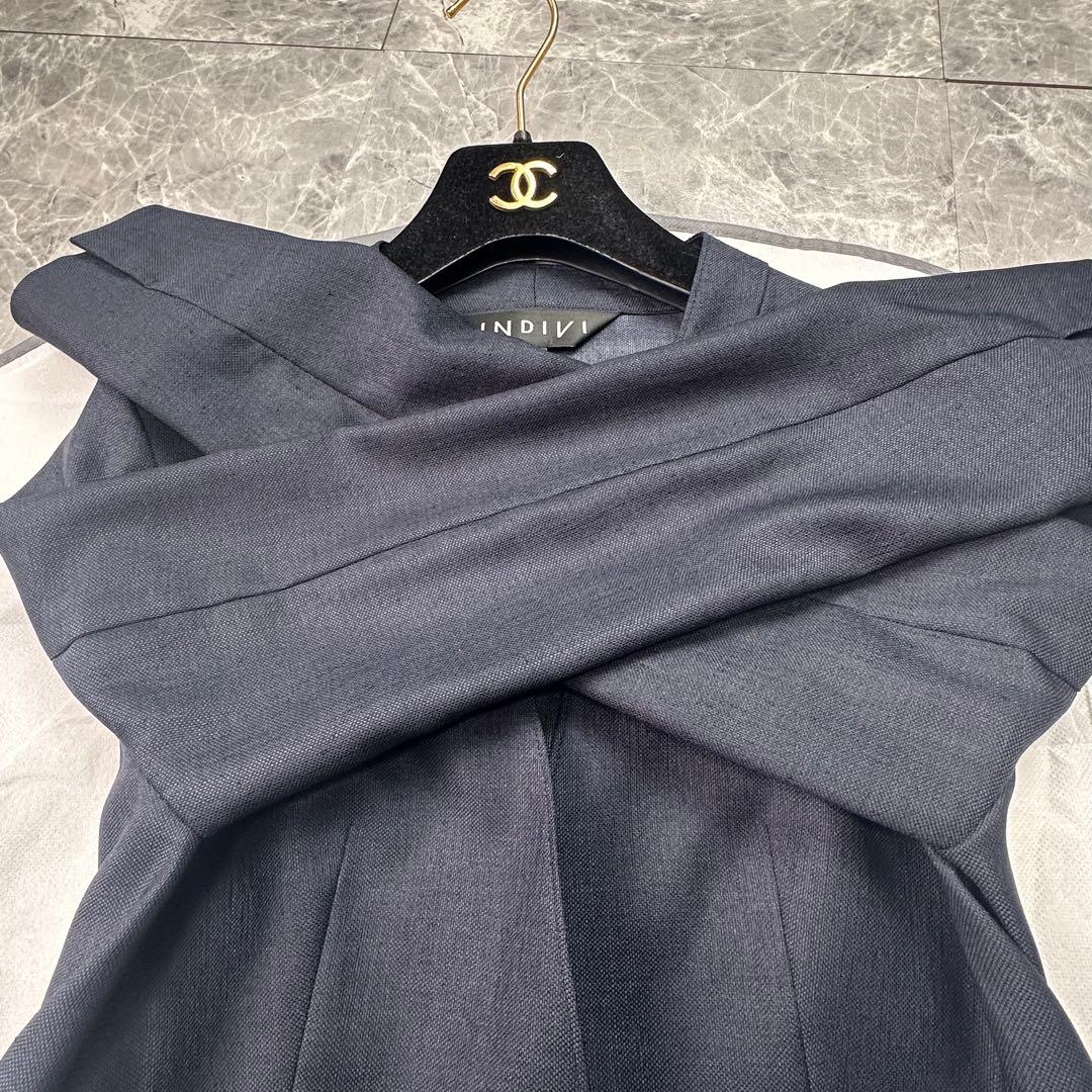 美品♡現行 インディヴィ パンツスーツ セットアップ ノーカラー ネイビー