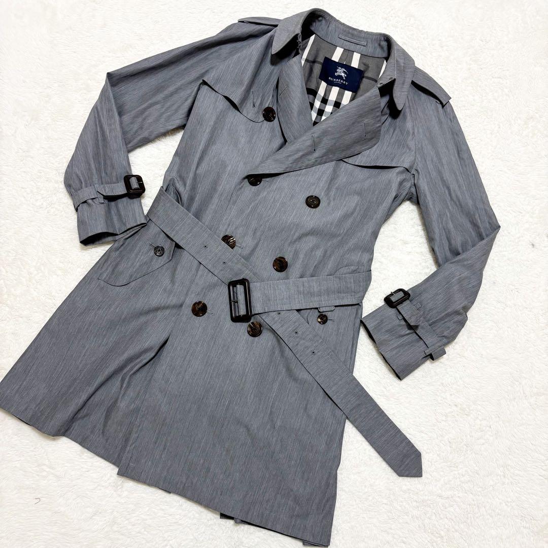良品　バーバリーロンドン　トレンチコート　ノバチェック　グレー　L シルク