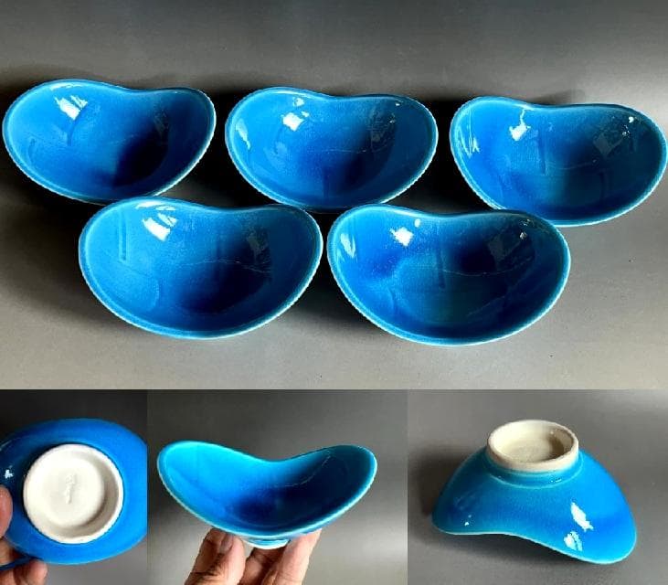 鉢■向付 青釉 トルコ釉 5客 双葉小鉢 日本料理皿 和食器 土物 時代物骨董■