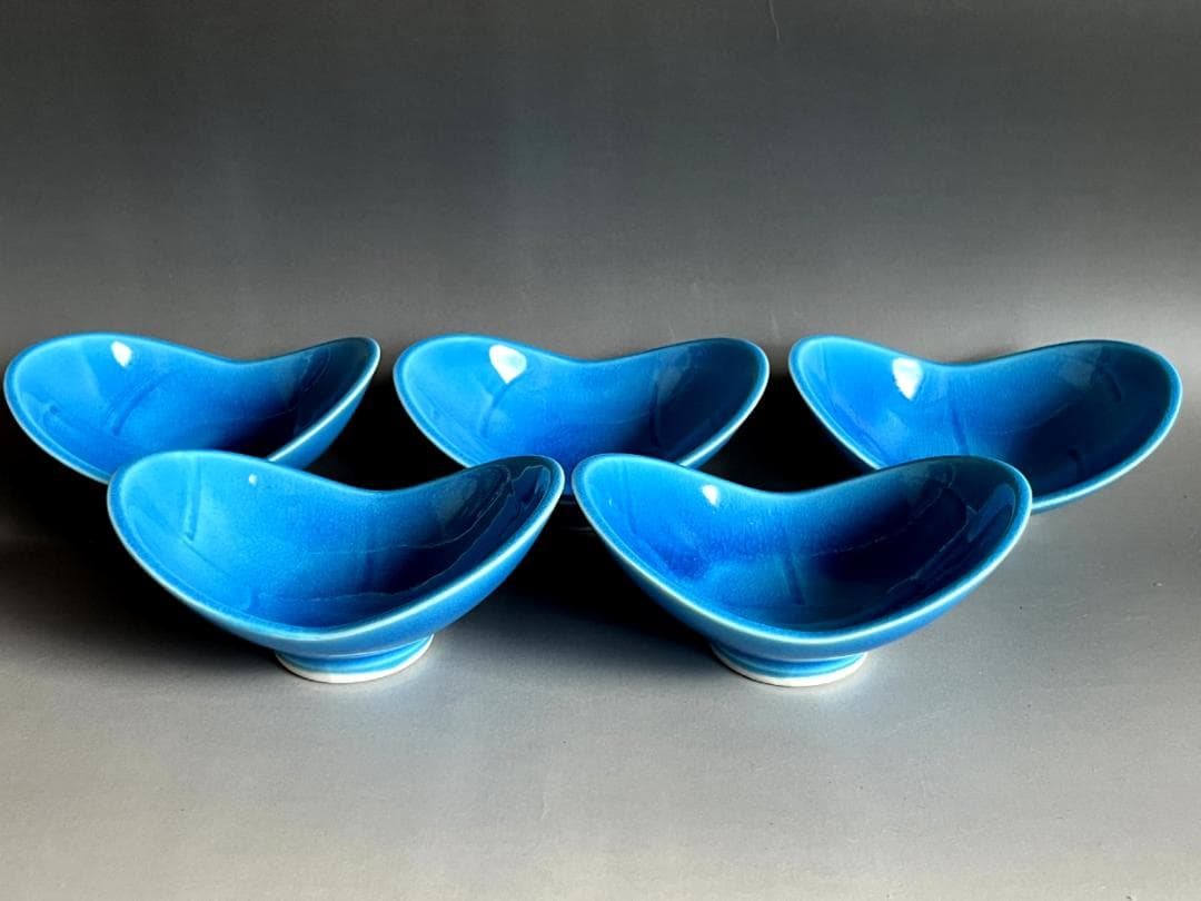 鉢■向付 青釉 トルコ釉 5客 双葉小鉢 日本料理皿 和食器 土物 時代物骨董■