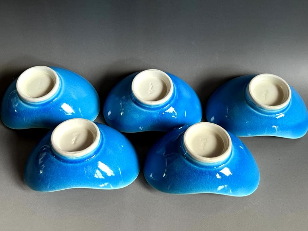 鉢■向付 青釉 トルコ釉 5客 双葉小鉢 日本料理皿 和食器 土物 時代物骨董■