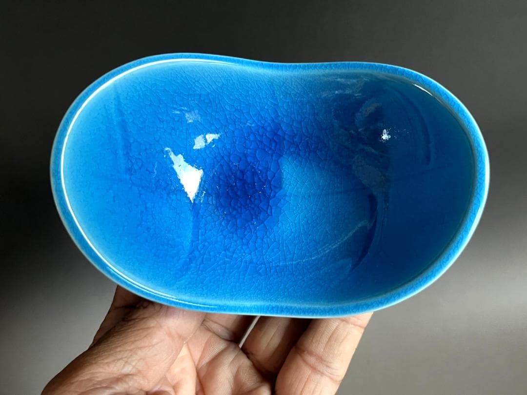 鉢■向付 青釉 トルコ釉 5客 双葉小鉢 日本料理皿 和食器 土物 時代物骨董■