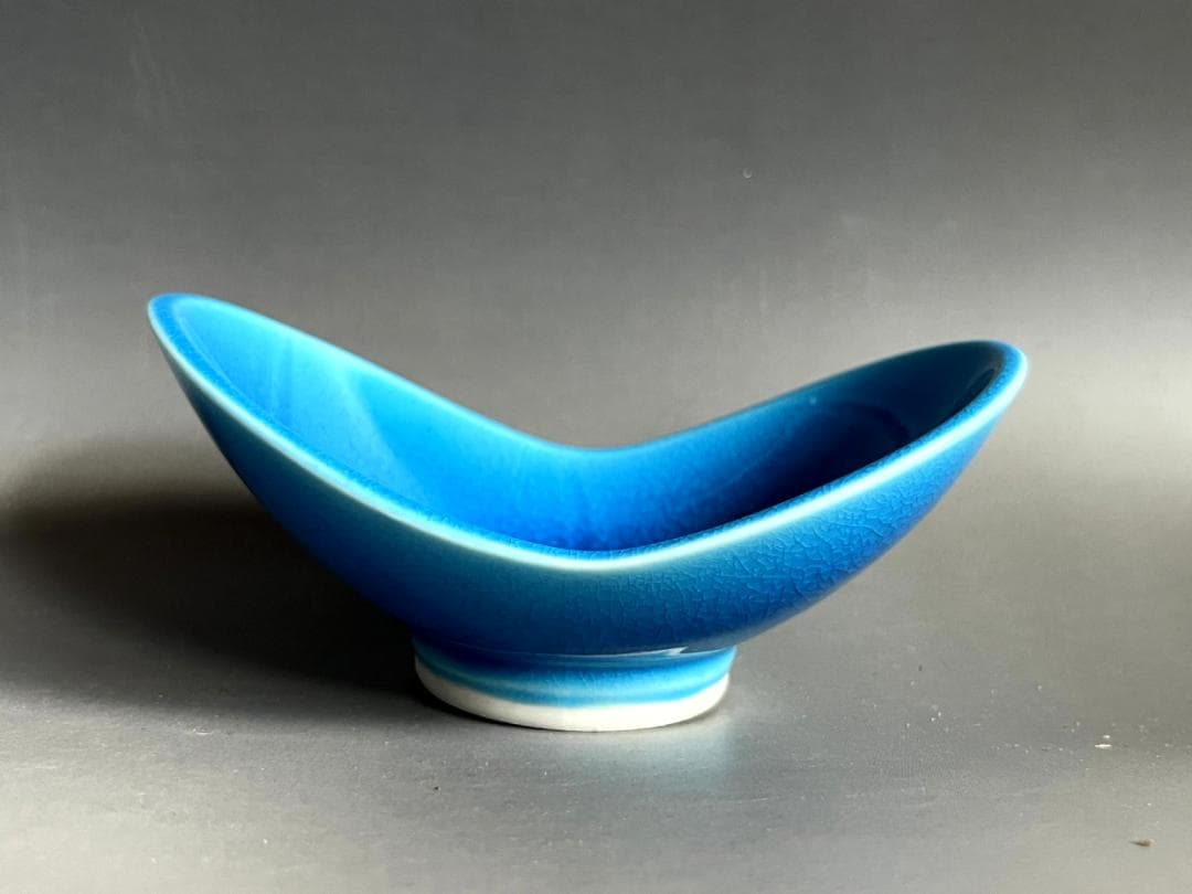 鉢■向付 青釉 トルコ釉 5客 双葉小鉢 日本料理皿 和食器 土物 時代物骨董■