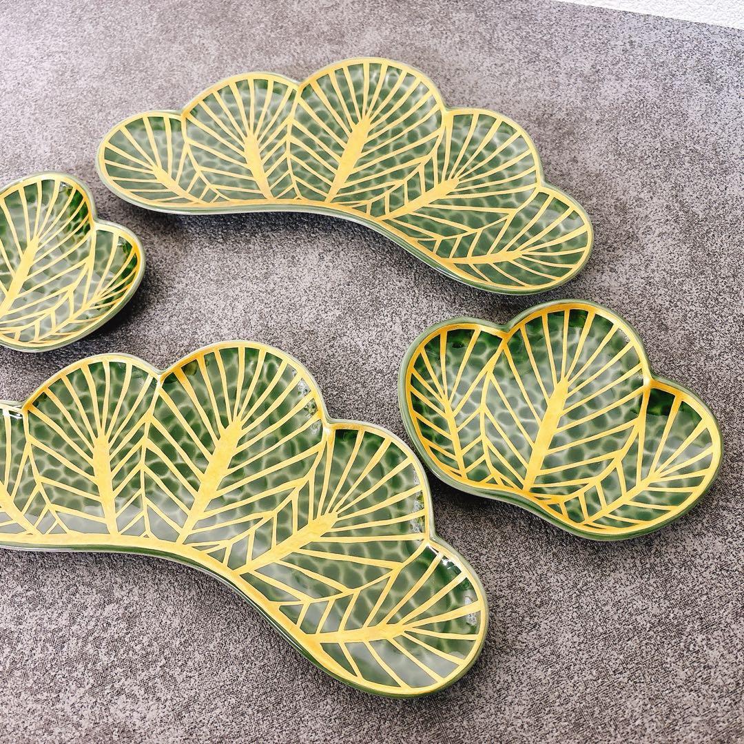 有田焼　幸楽窯　錦茶緑金松葉形前菜皿　銘々皿4点セット