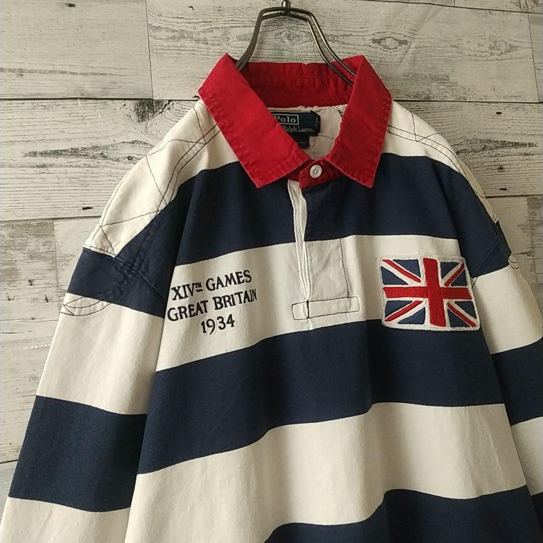 希少☆ポロバイラルフローレン 太ボーダー 刺繍 イギリス 襟切替 ラガーシャツ