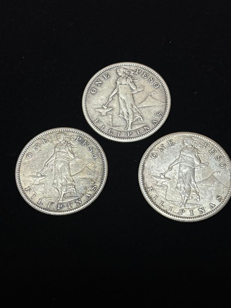 1907年 フィリピン・アメリカ 1ペソ硬貨3枚セット【マヨン火山の乙女】