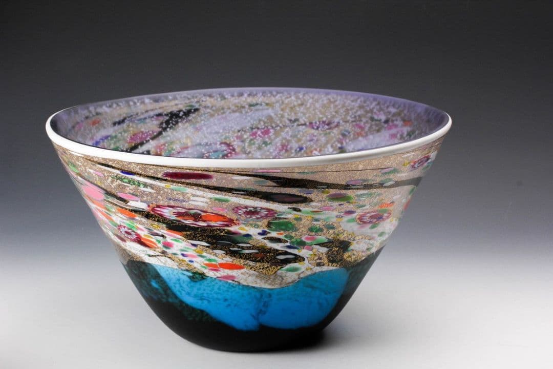 【未使用】黒木国昭 グラスアート 金彩象嵌ガラス花器 銘『光琳』 共箱