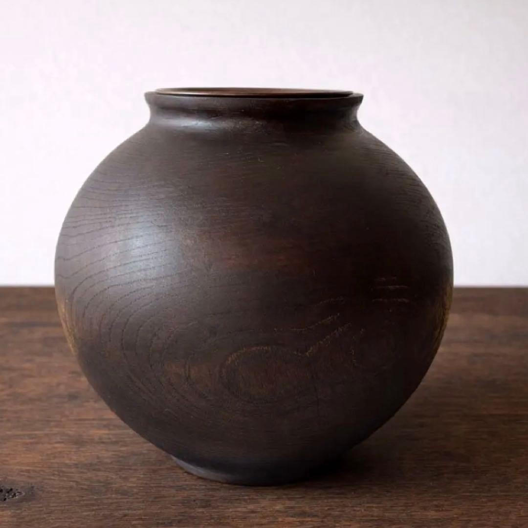 【民藝】古木 くり抜き 大壺 花器｜直径35cm｜銅筒入　水使用可｜プリミティブ